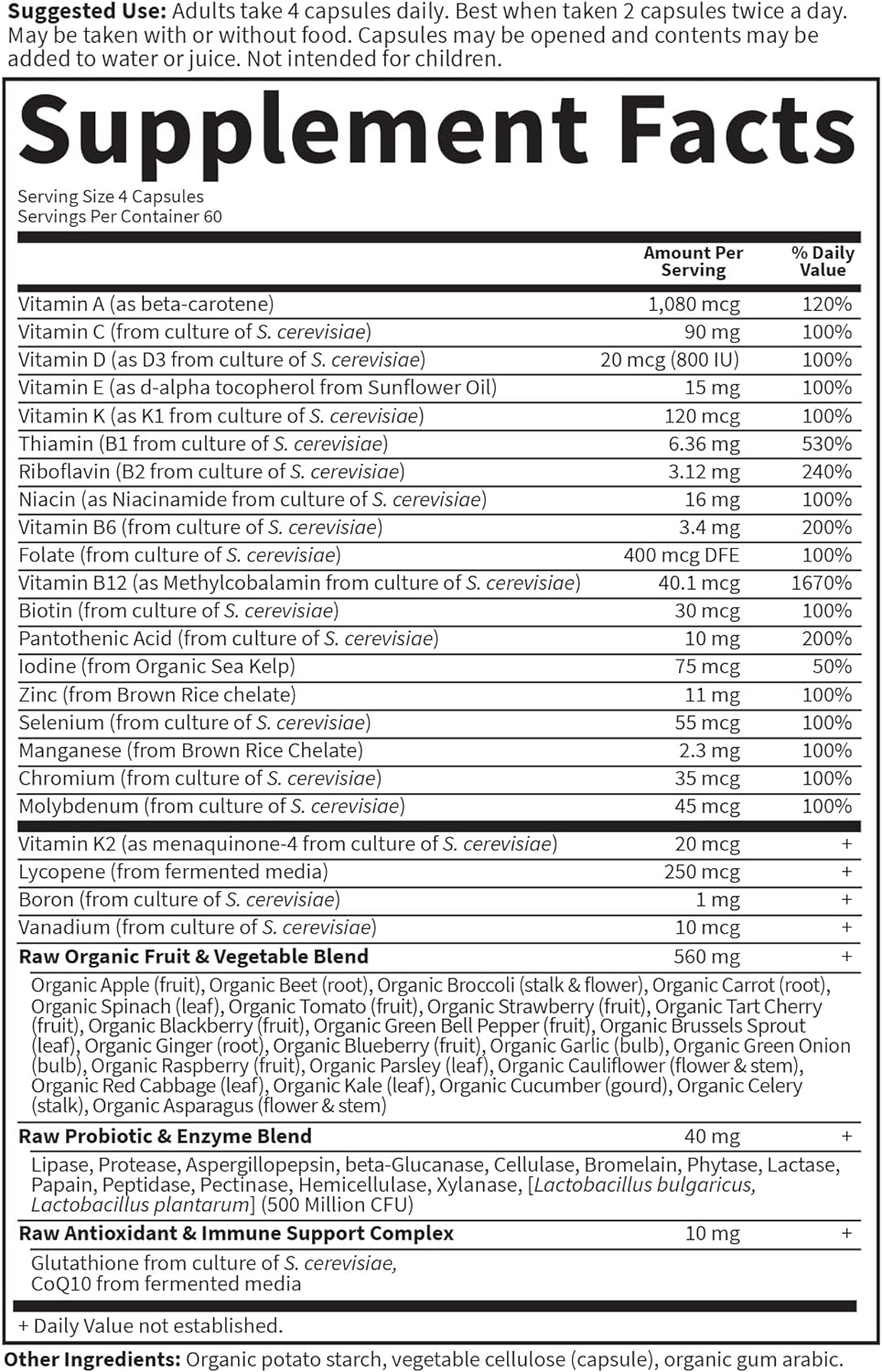 Supplement facts label for a dietary supplement with various nutrients listed.