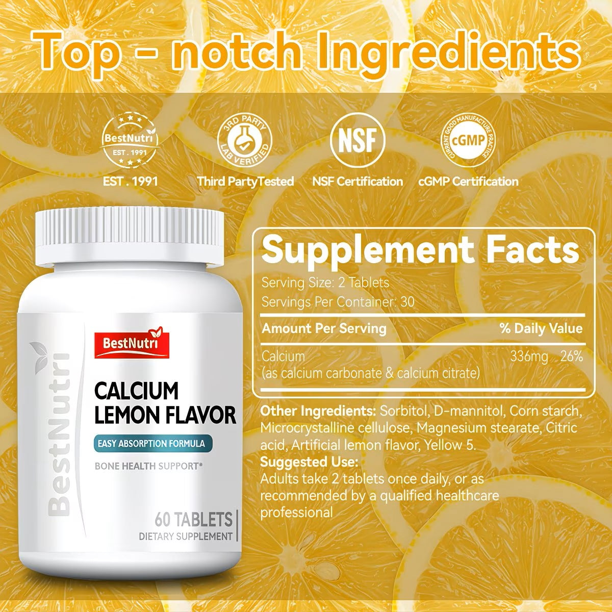 Supplement bottle with 'Best Nutri' branding on a yellow background with lemon slices.