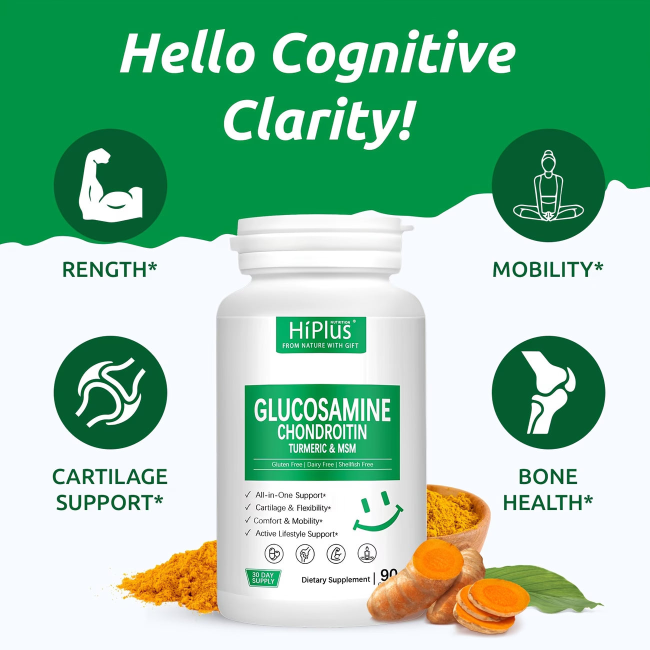 Hi Plus Glucosamine Chondroitin MSM & Turmeric - 90 Capsules Joint Support Supplement for Seniors & Active Adults with Boswellia and 1500mg Glucosamine Sulfate aiding joint mobility and cartilage health