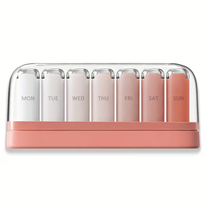 Set of lipsticks in a clear case with pink base, labeled for each day of the week.