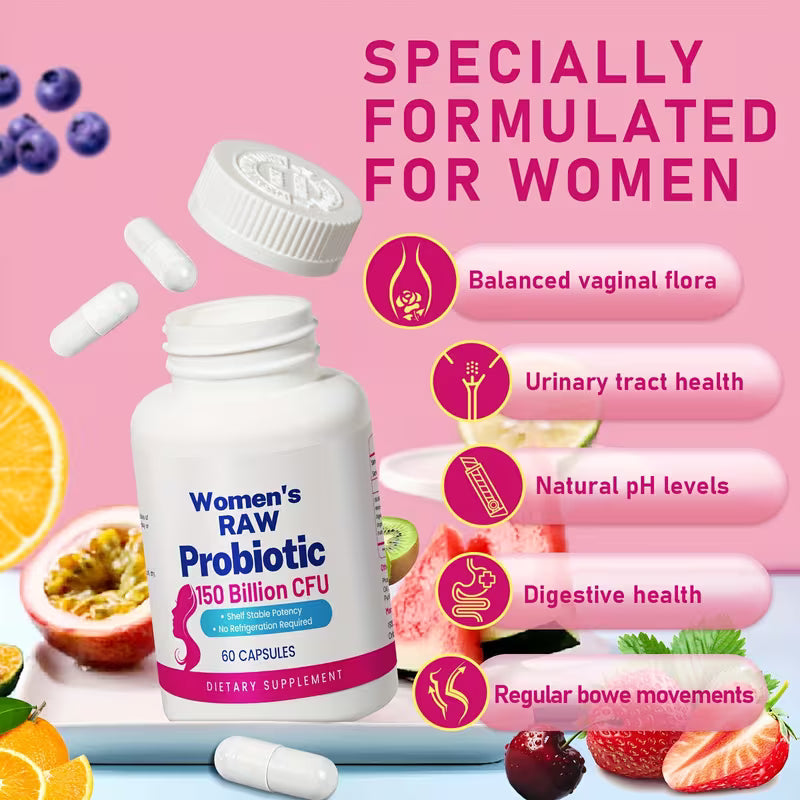 Women's RAW Probiotic supplement bottle with health benefits on a pink background