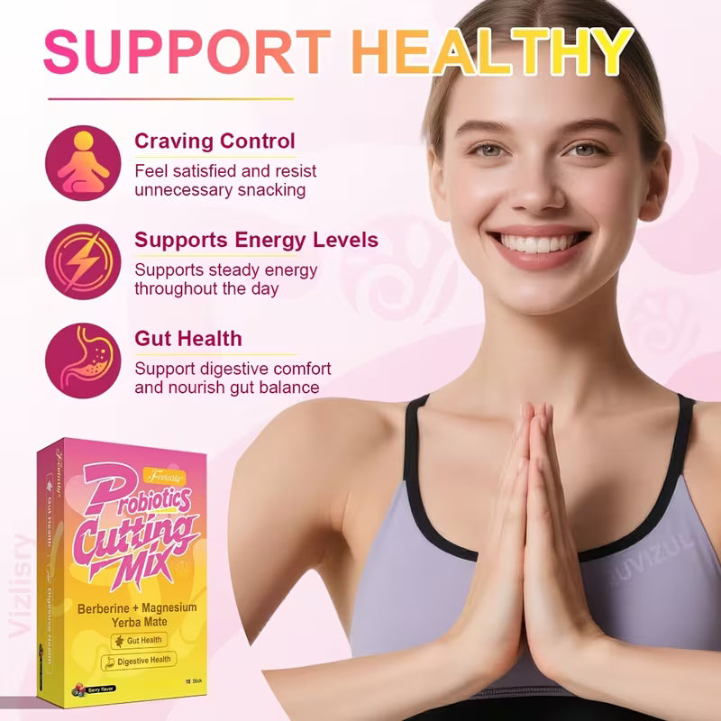 Woman in sports bra with Probiotics Cutting Mix packaging, promoting health benefits on a pink background.