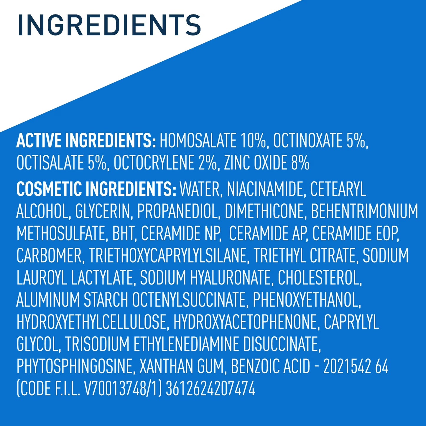 List of active and cosmetic ingredients on a blue background