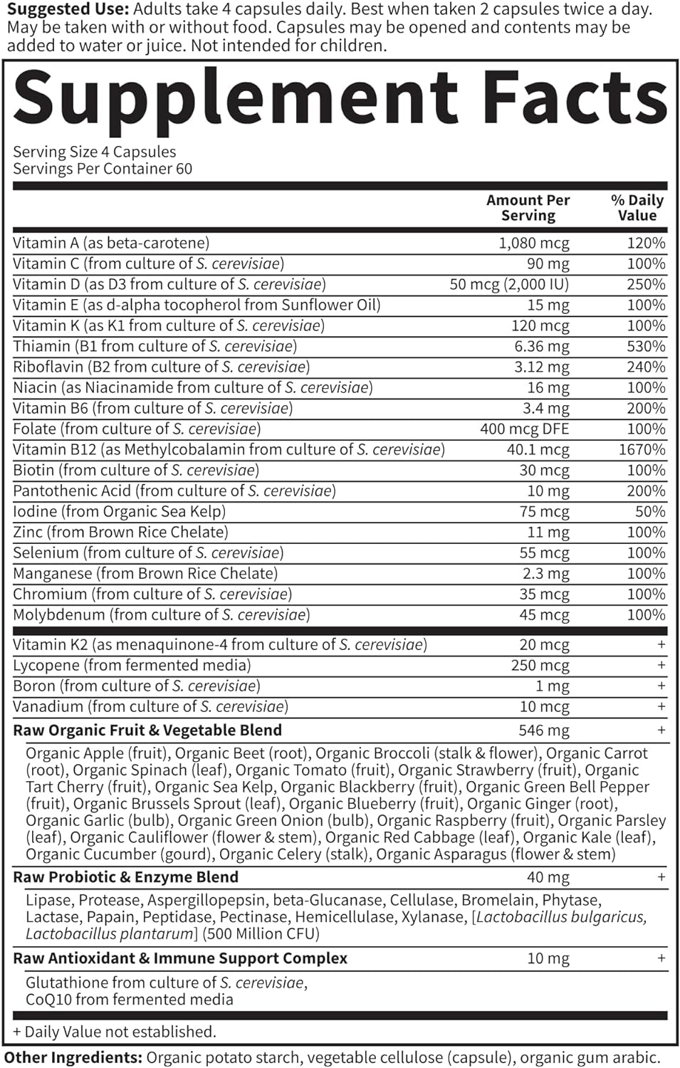 Supplement facts label with detailed nutritional information on a white background