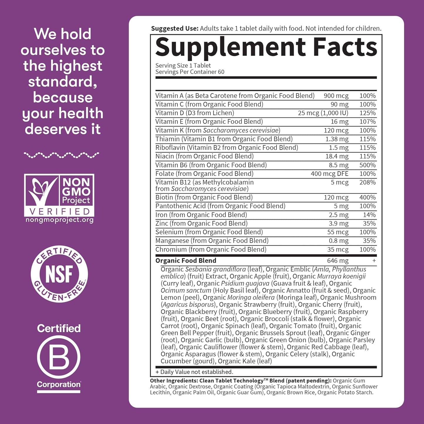 Supplement label with certification logos on a purple background