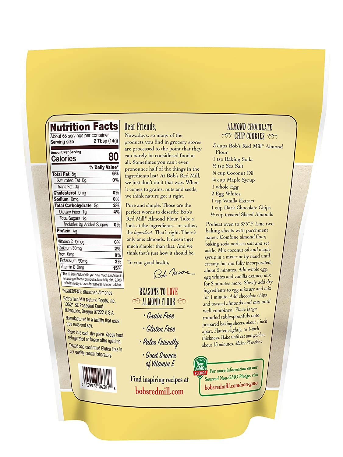Back of a yellow cookie package with nutrition facts and ingredients listed.