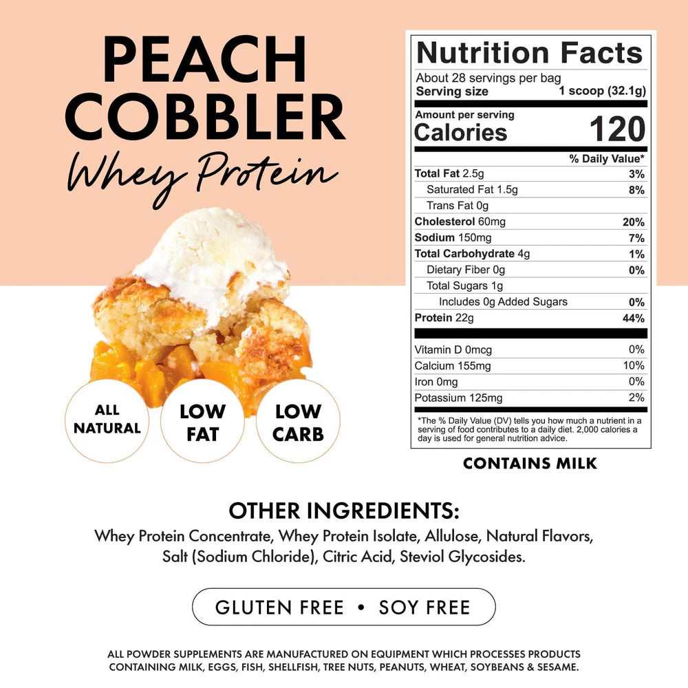 Bowmar Nutrition Whey Protein Powder - Peach Cobbler, 22g Protein, 28 Servings, 31.7oz