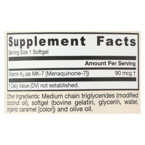 Supplement facts label with vitamin K2 information on a white background