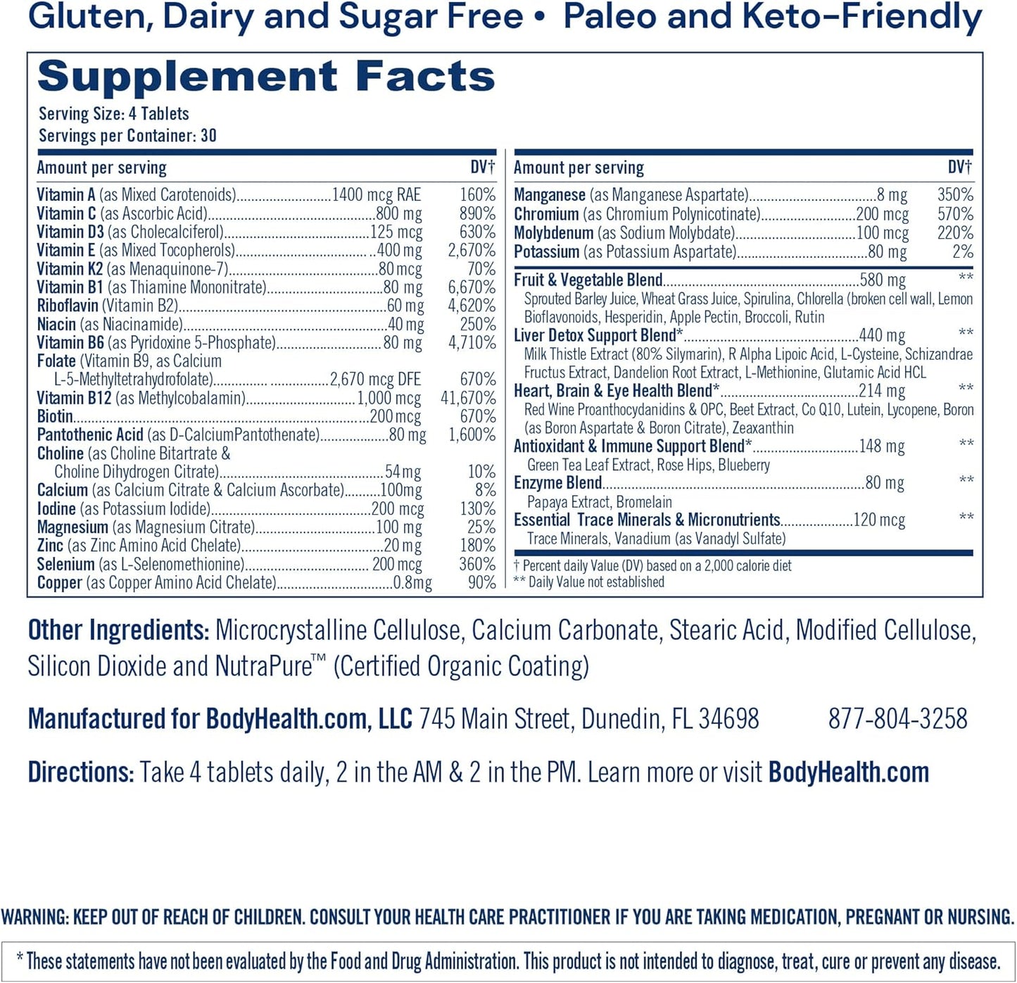 Supplement facts label for a gluten, dairy, and sugar-free product with serving size and ingredient details.