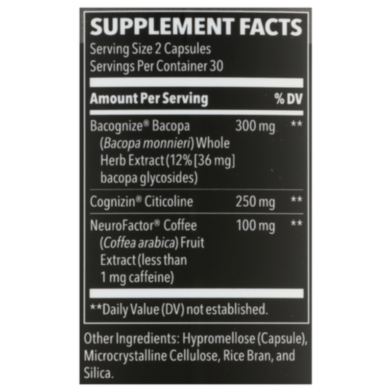 Supplement facts label with black background and white text