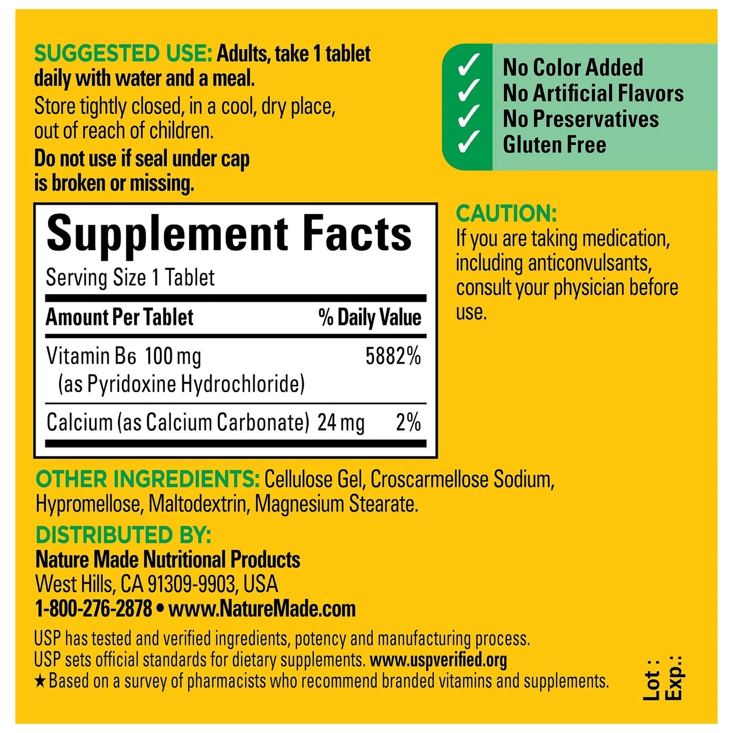Supplement label with detailed information on a yellow background