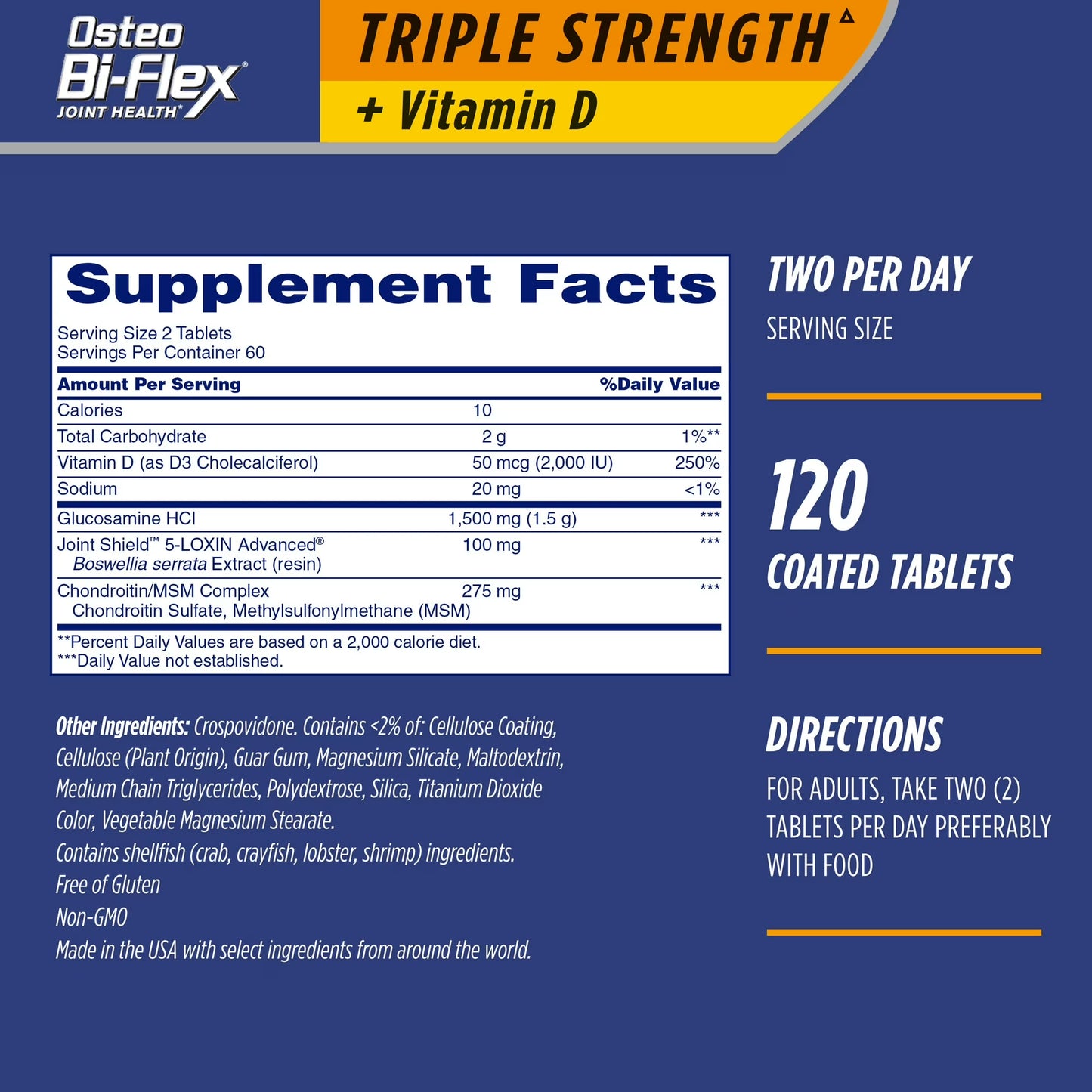 Osteo Bi-Flex supplement label with supplement facts and directions on a blue background