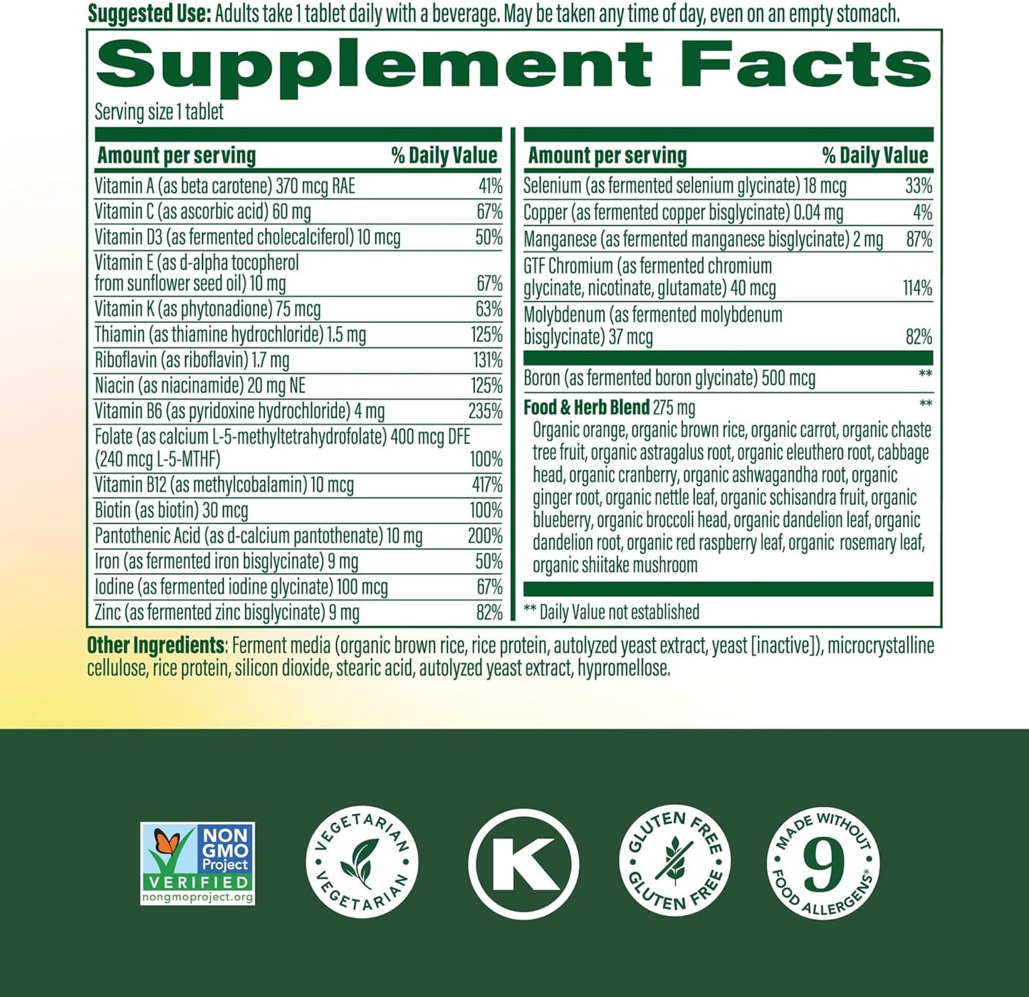 Supplement facts label with various vitamins and minerals on a green background