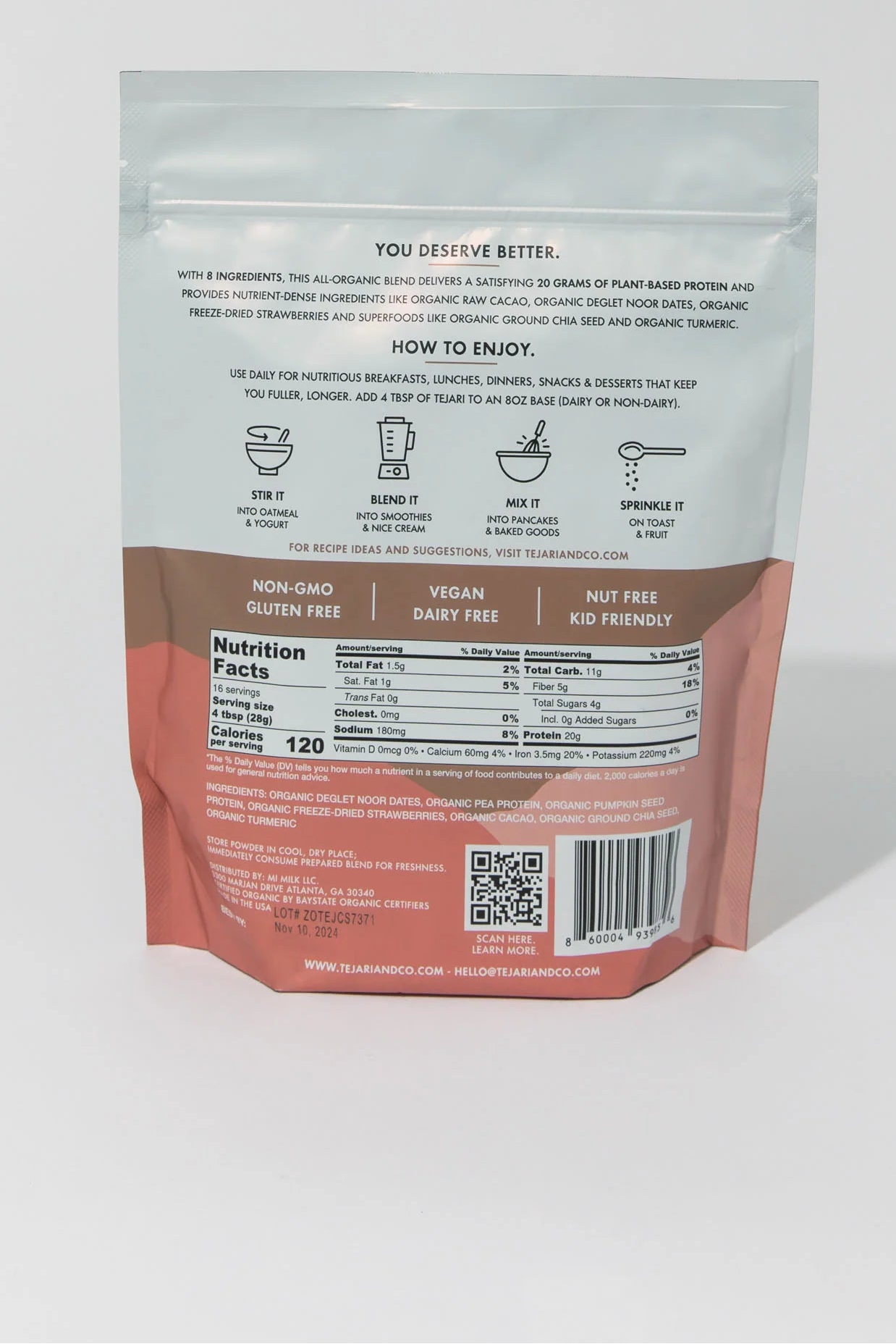 Back view of a protein powder package on a white background