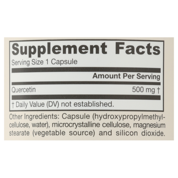 Supplement facts label for a capsule with quercetin on a white background