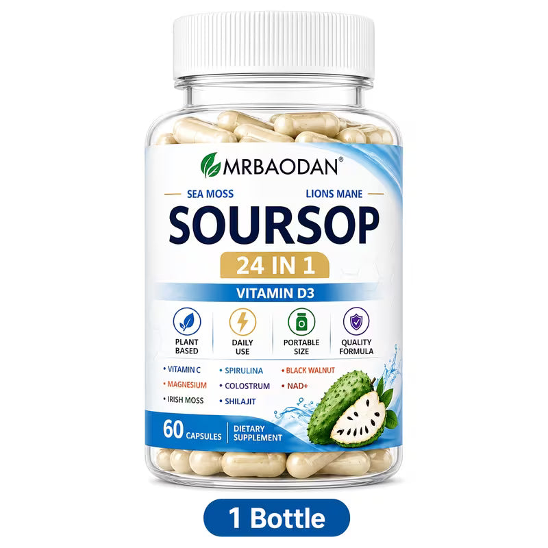 Supplement bottle labeled 'Soursop' with various health benefits on a white background