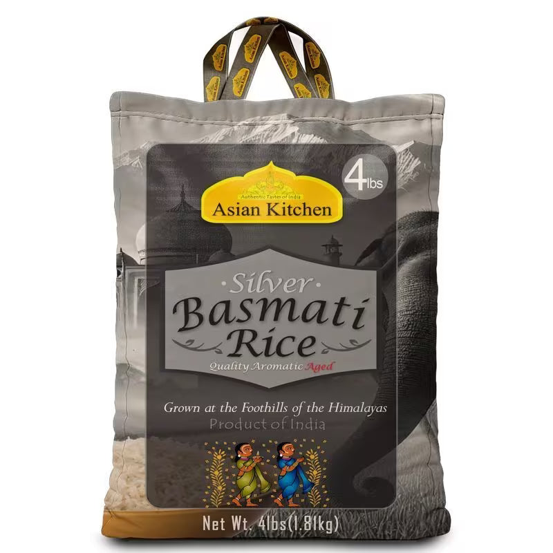 Bag of Silver Basmati Rice from Asian Kitchen on a white background