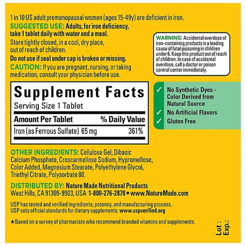 Nature Made Iron 65 mg (325 mg Ferrous Sulfate) Tablets - 180 Count Nature Made Iron 65 mg (325 mg Ferrous Sulfate) Tablets - 180 Count