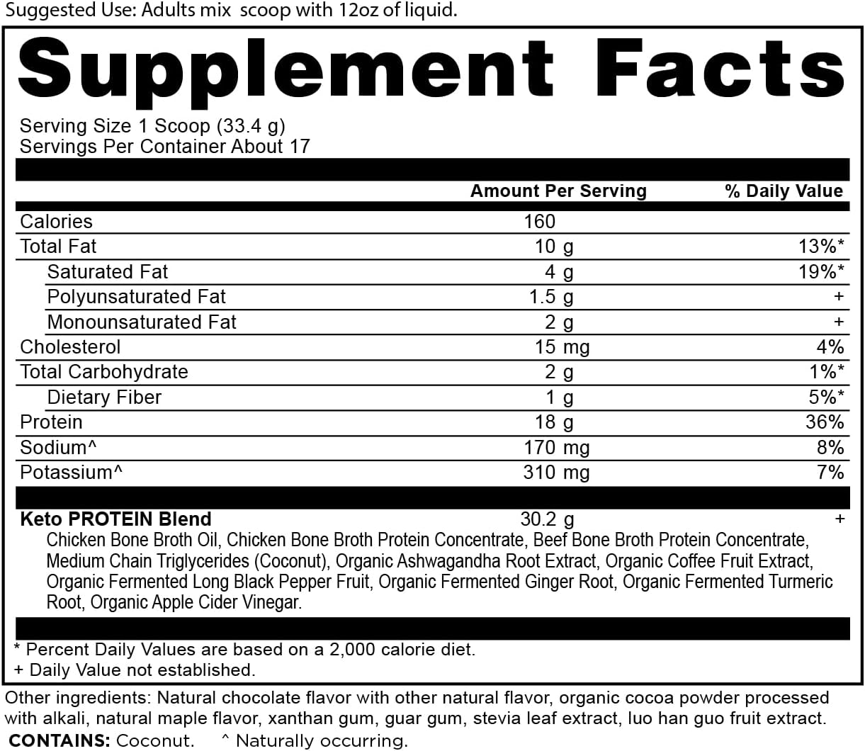 Supplement facts label for a keto protein blend with nutritional information.