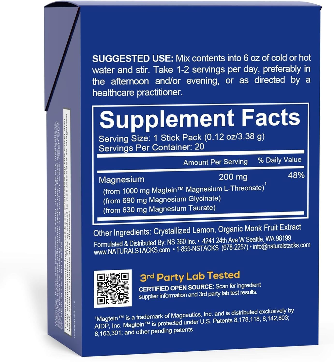 Supplement package with blue label displaying 'Supplement Facts' and '3rd Party Lab Tested' information.