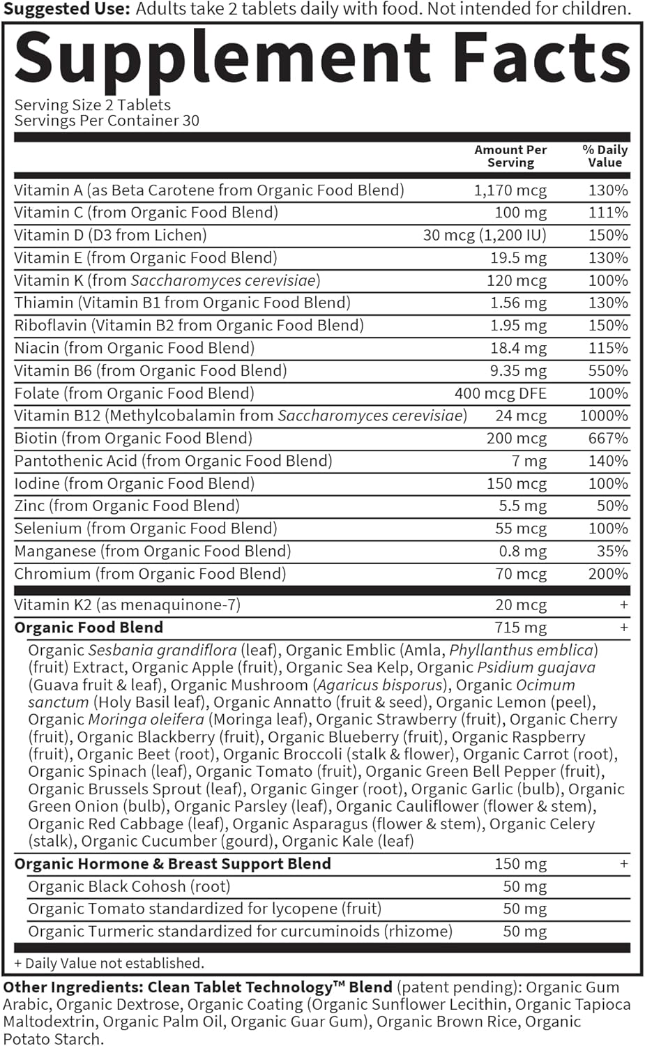 Supplement facts label with detailed nutritional information on a white background