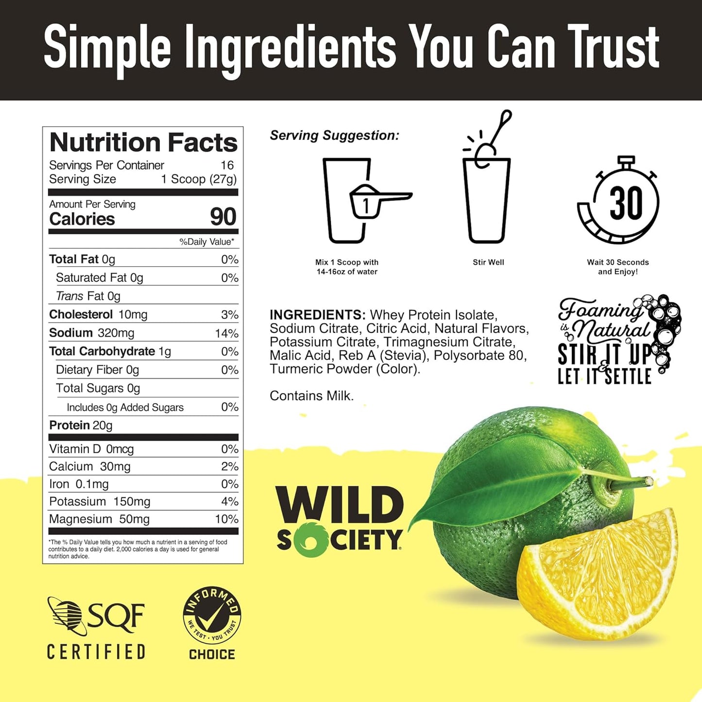 Nutrition label and ingredients list for a product by Wild Society with lemon and green leaf graphic.