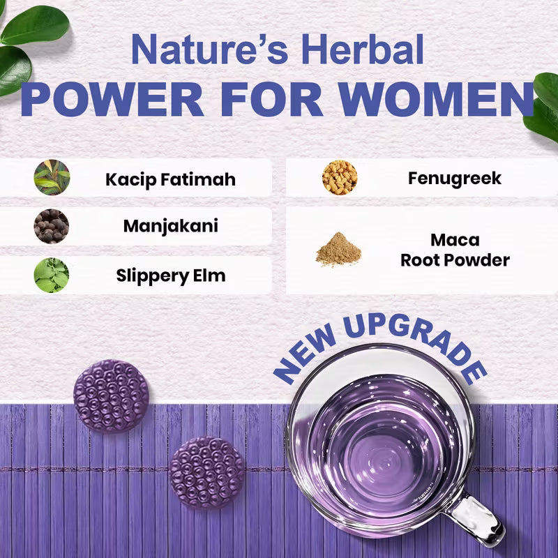 Herbal ingredients for women's health with a cup of tea on a white and purple background.