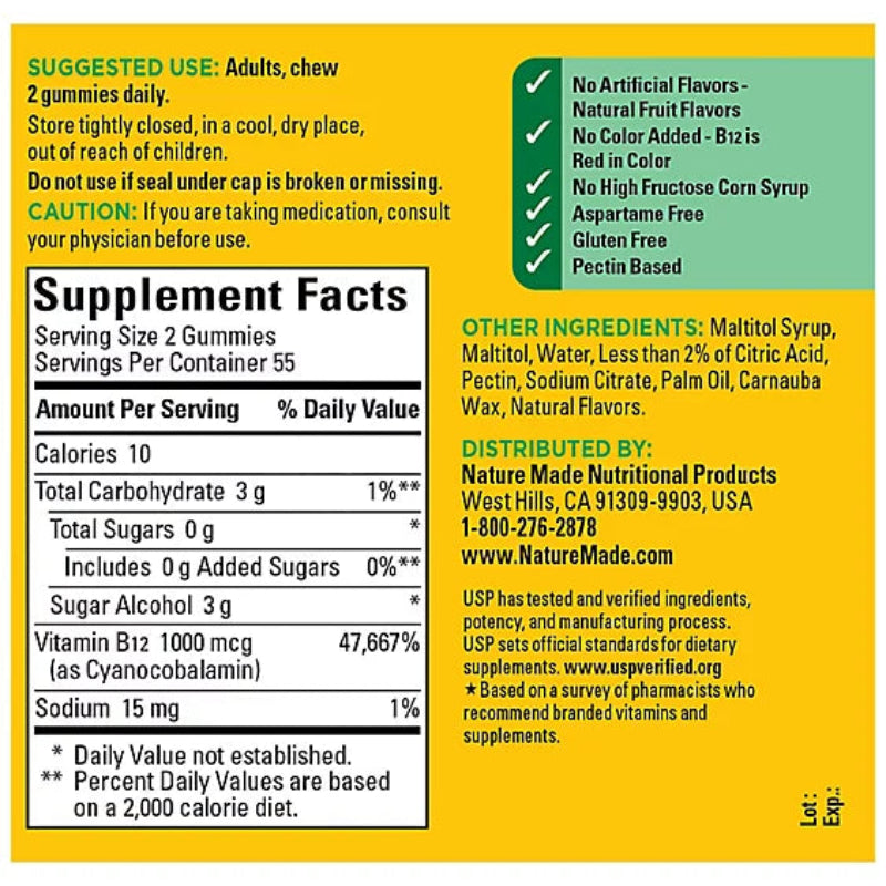 Supplement label with ingredients, distribution information, and usage instructions on a yellow background