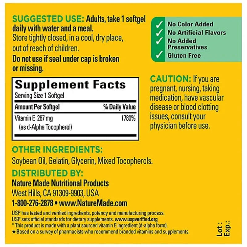 Nature Made Dietary Supplement Softgels Vitamin E 400 IU dl-Alpha - 100 Count Nature Made Dietary Supplement Softgels Vitamin E 400 IU dl-Alpha - 100 Count