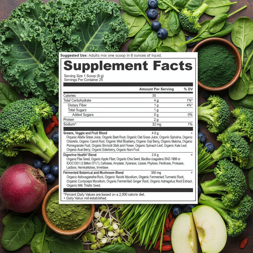 Close-up of the SuperGreens powder texture or the list of key organic ingredients on the label.