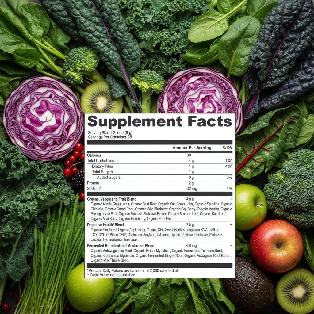 Close-up of the SuperGreens powder texture or the list of key organic ingredients on the label.