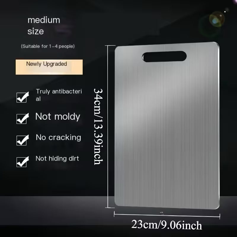 Metallic cutting board with dimensions and features on a dark background