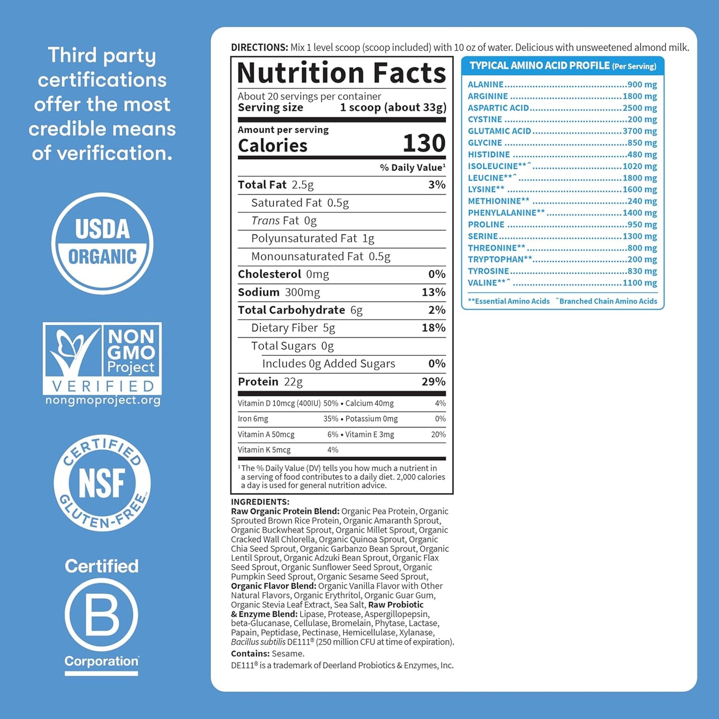 Nutrition label and certification logos on a blue background