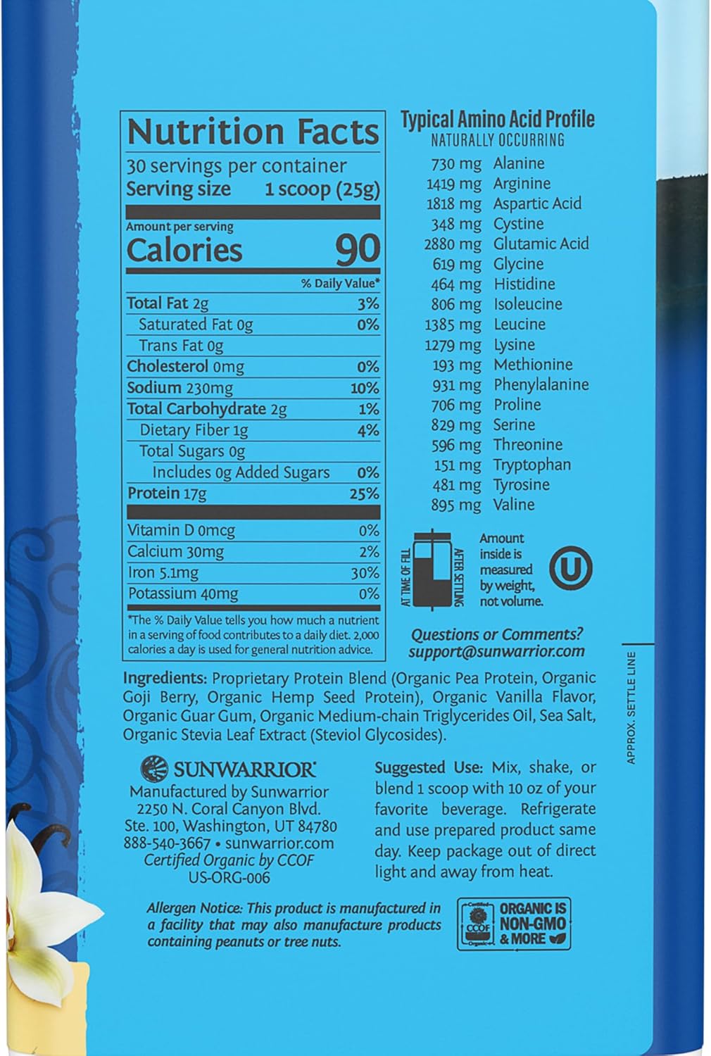 Nutrition facts label on a blue container with vanilla flavoring.