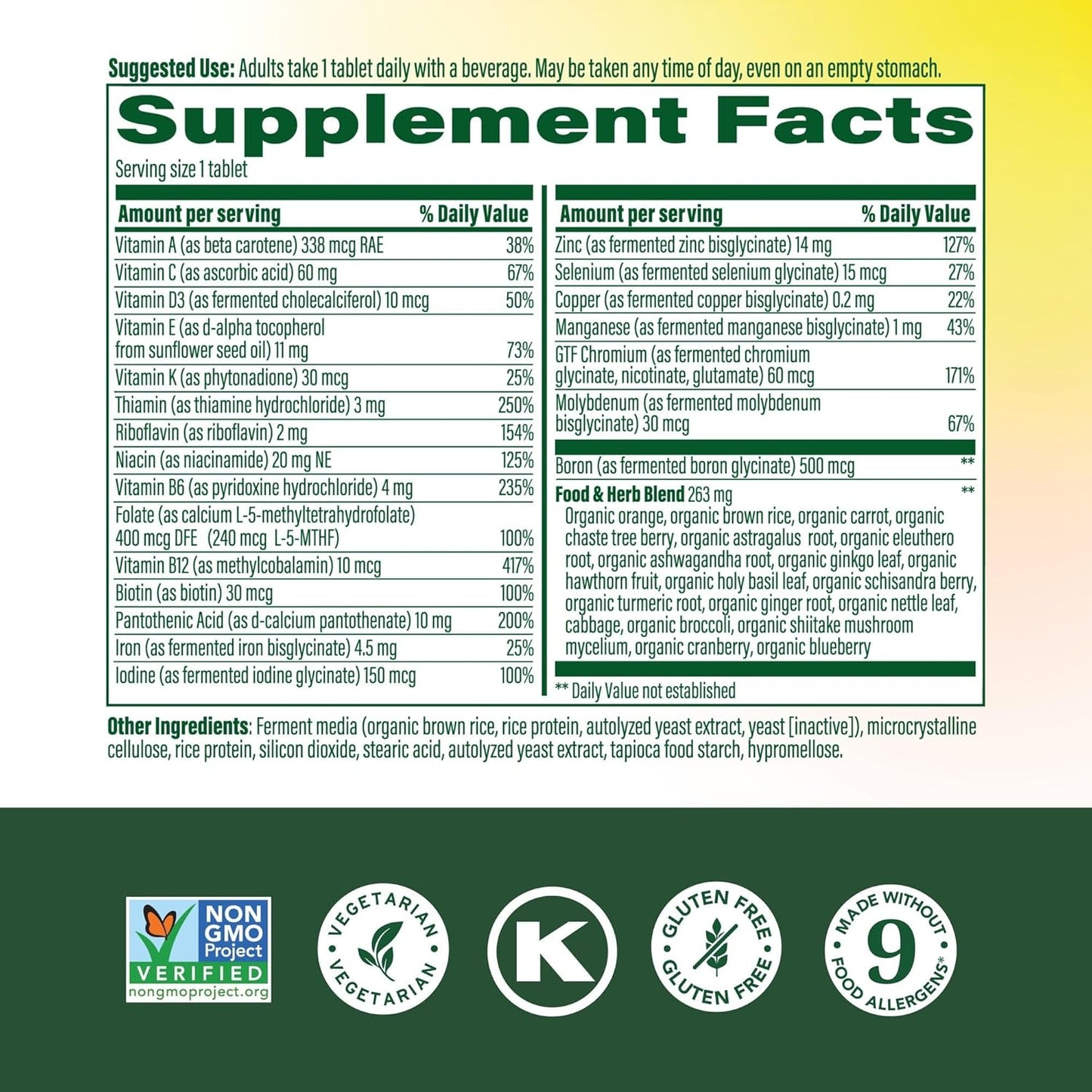 Supplement facts label with detailed nutritional information and certification logos on a green background.