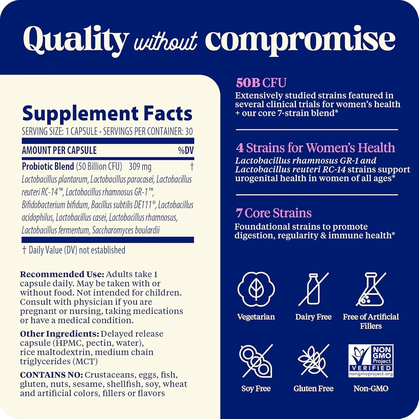 Supplement label with 'Quality without compromise' text on a blue background