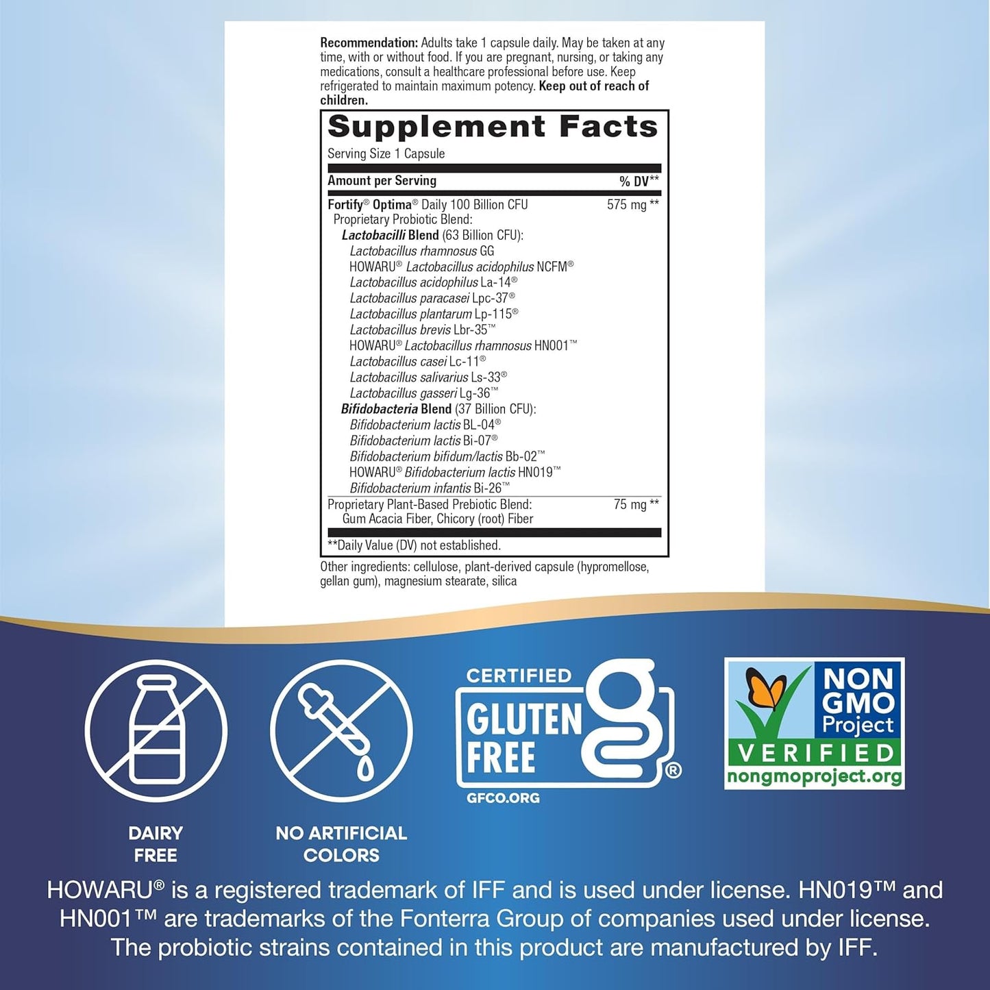 Supplement label with certification logos on a blue background