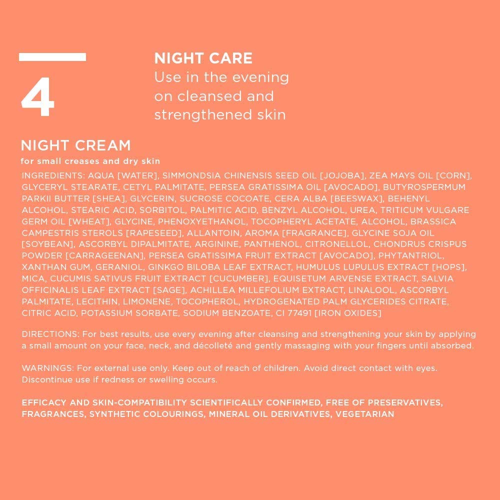 Product label for night cream with ingredients and usage instructions on a pink background