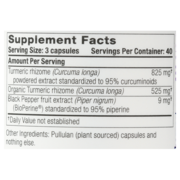 Supplement facts label for a product containing turmeric rhizome and black pepper fruit extract.
