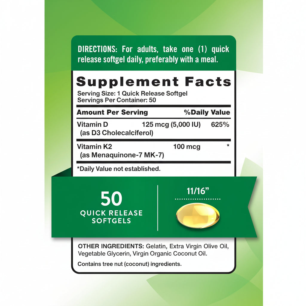 Supplement label with directions and facts on a green background