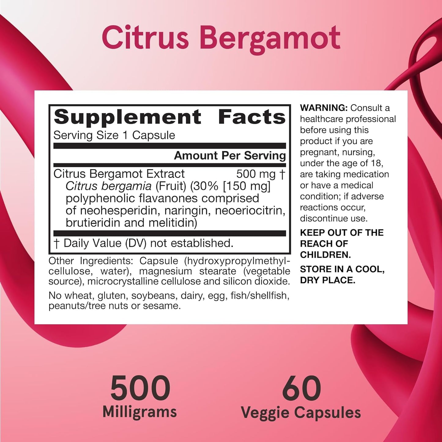 Supplement label for Citrus Bergamot with text and numbers on a pink background