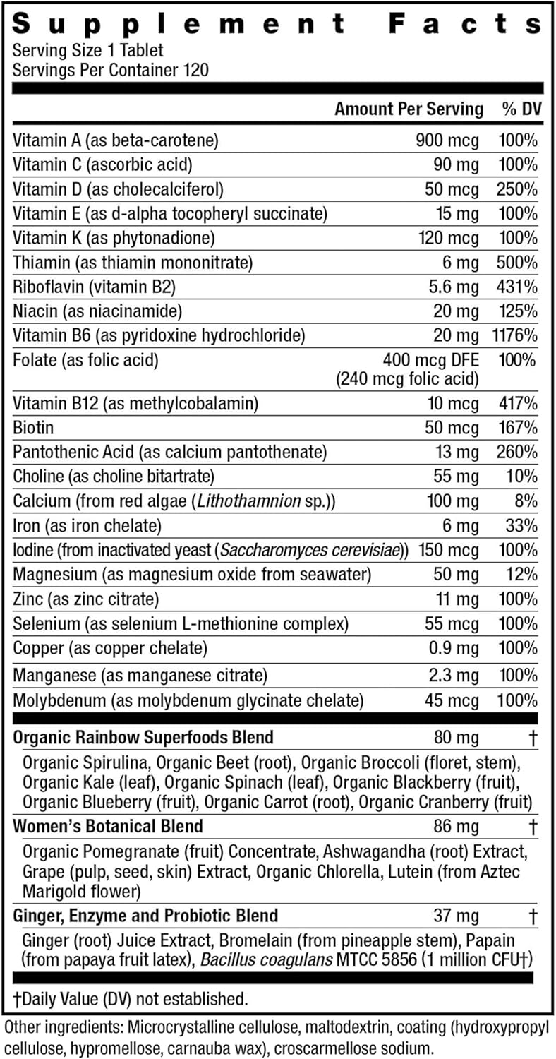 Supplement facts label for a product with various vitamins and minerals listed.
