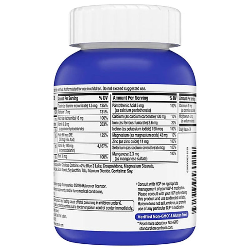 Blue supplement bottle with white cap and detailed label on a white background
