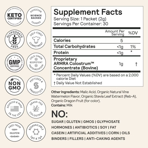 Supplement facts label with various certification logos and nutritional information on a white background.