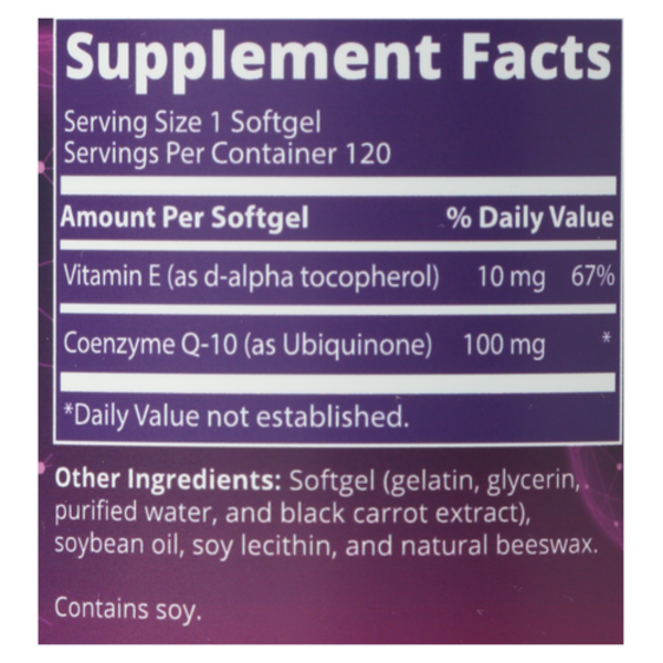 Supplement facts label with vitamins and coenzyme Q10 on a purple background