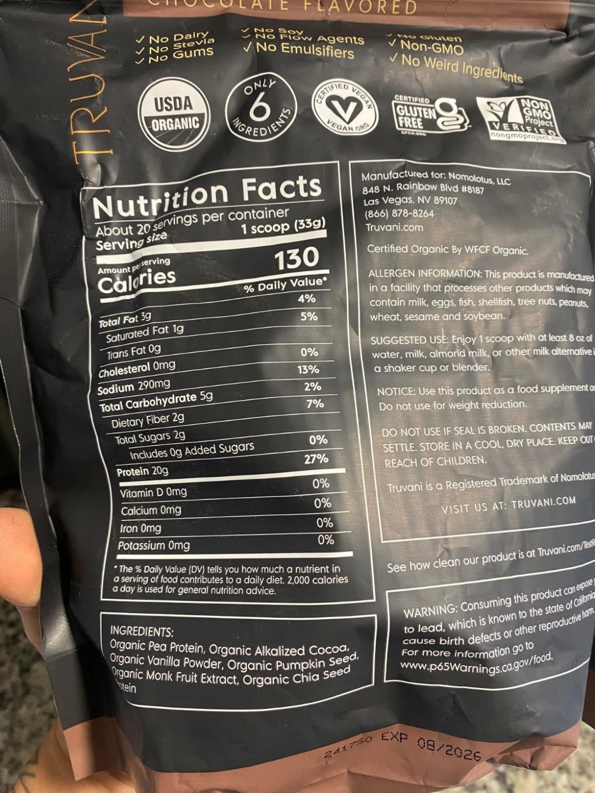 2 Pack ! TWO Truvani Organic Chocolate Plant Based Protein Powder 24.76oz Ex 9/27