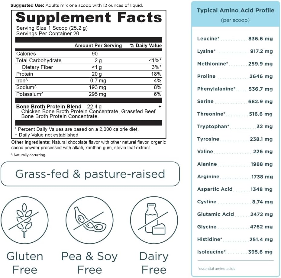 Supplement label with facts, amino acid profile, and dietary information.