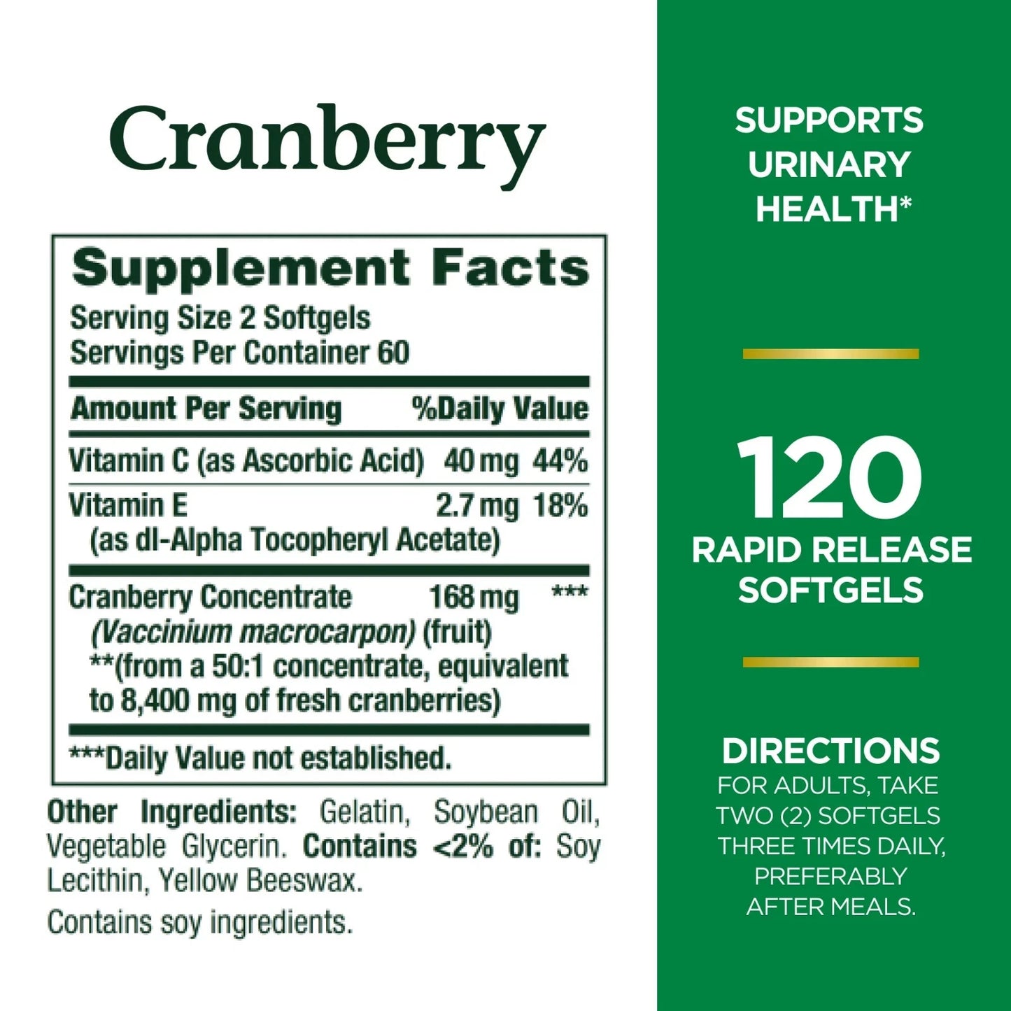 Cranberry supplement label with facts and directions on a white background