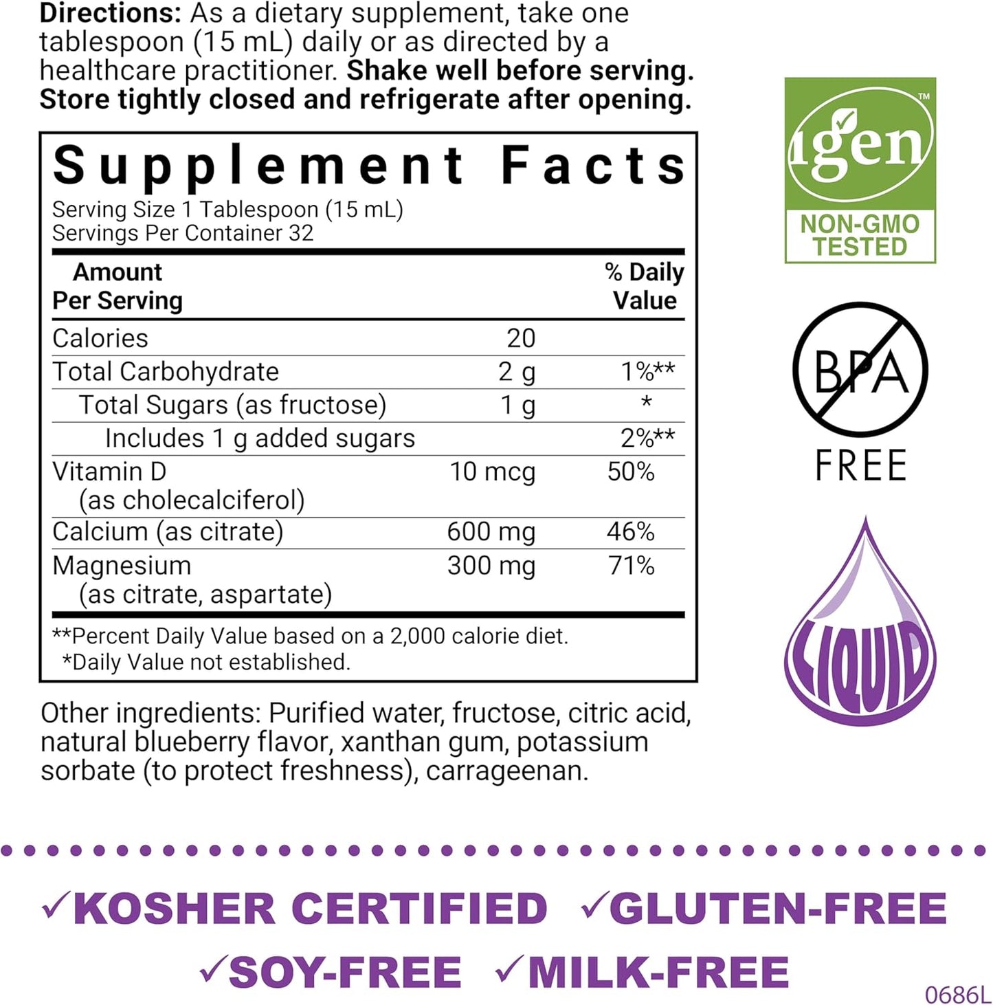Supplement label with ingredients, nutritional information, and certification logos on a white background.