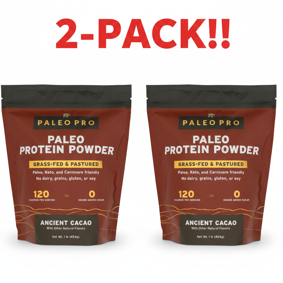 Two jars of Paleo Pro Ancient Cacao Complete Protein Powder (1 lb each) displayed together, clearly labeling them as a "Double Pack" or "2-Pack Bundle.